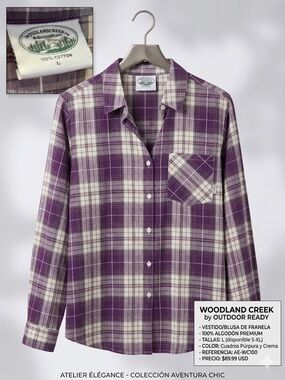 Woodland Creek Purple Plaid Cotton Button-Up Blouse